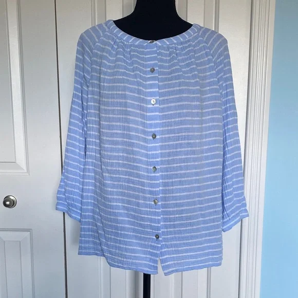 J.Jill Medium 100% Cotton Light Blue And White Striped Button-Up Shirt - Picture 5 of 7